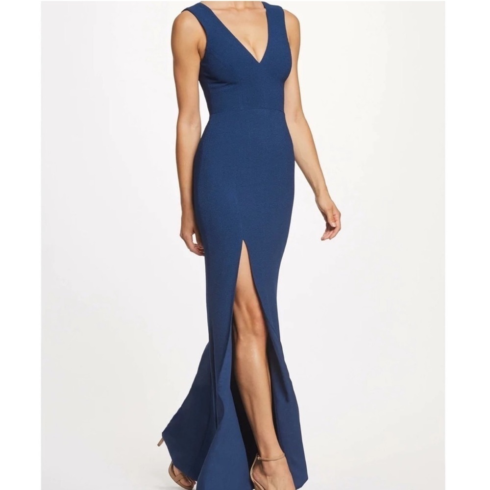 Dress the Population Pacific Blue Sandra Plunge Crepe Trumpet Gown